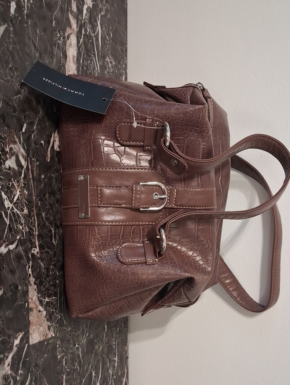 Tommy Hilfiger Brown Croc-Embossed Shoulder Bag